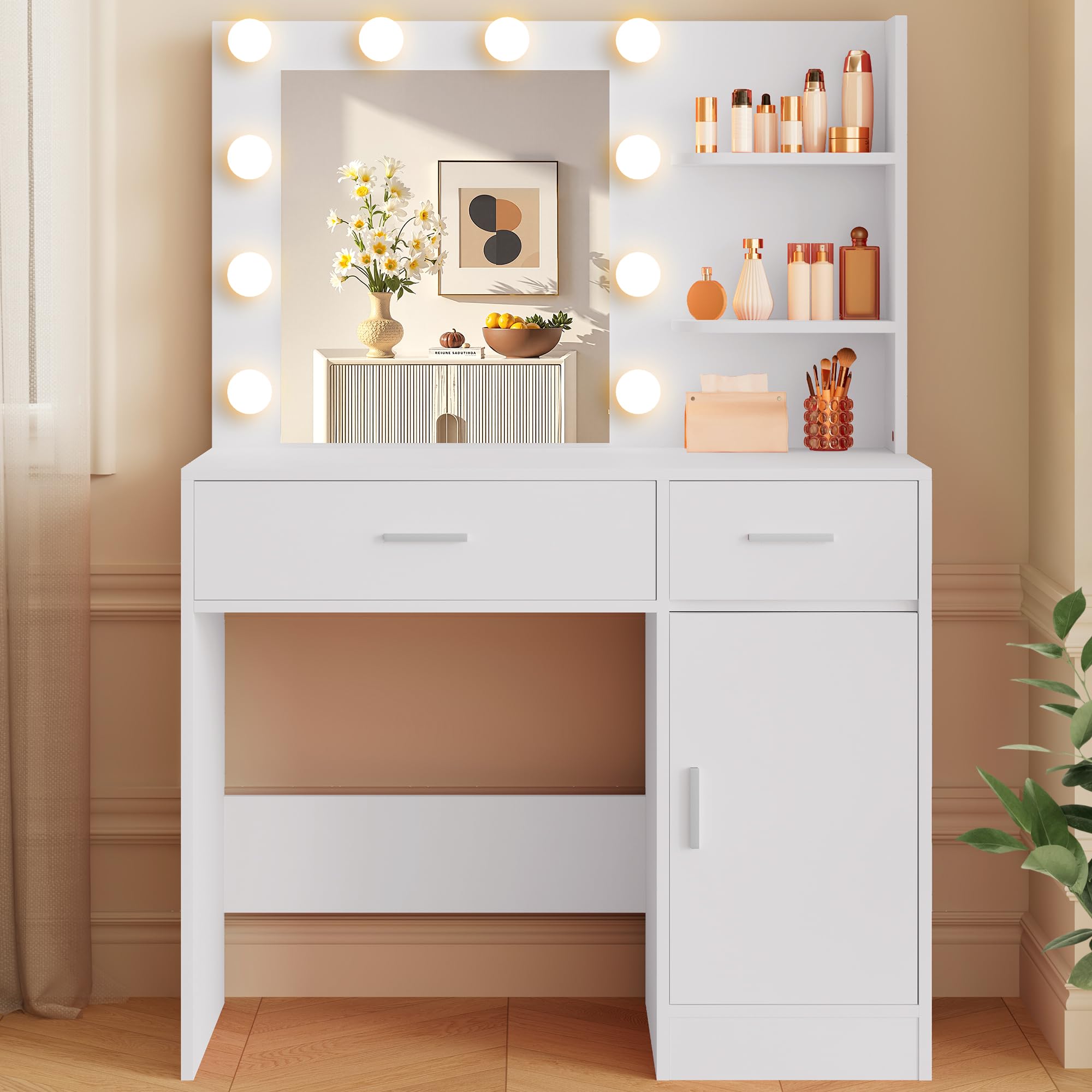 Photo 1 of LIVELYGLOW Lighted Makeup Vanity Desk, 35.4“W x 15.7'”D x 54“H, White (with Lights and Mirror, Dimming Function, 2 Drawers and 1 Cabiniet, Open Shelves) by Boahaus