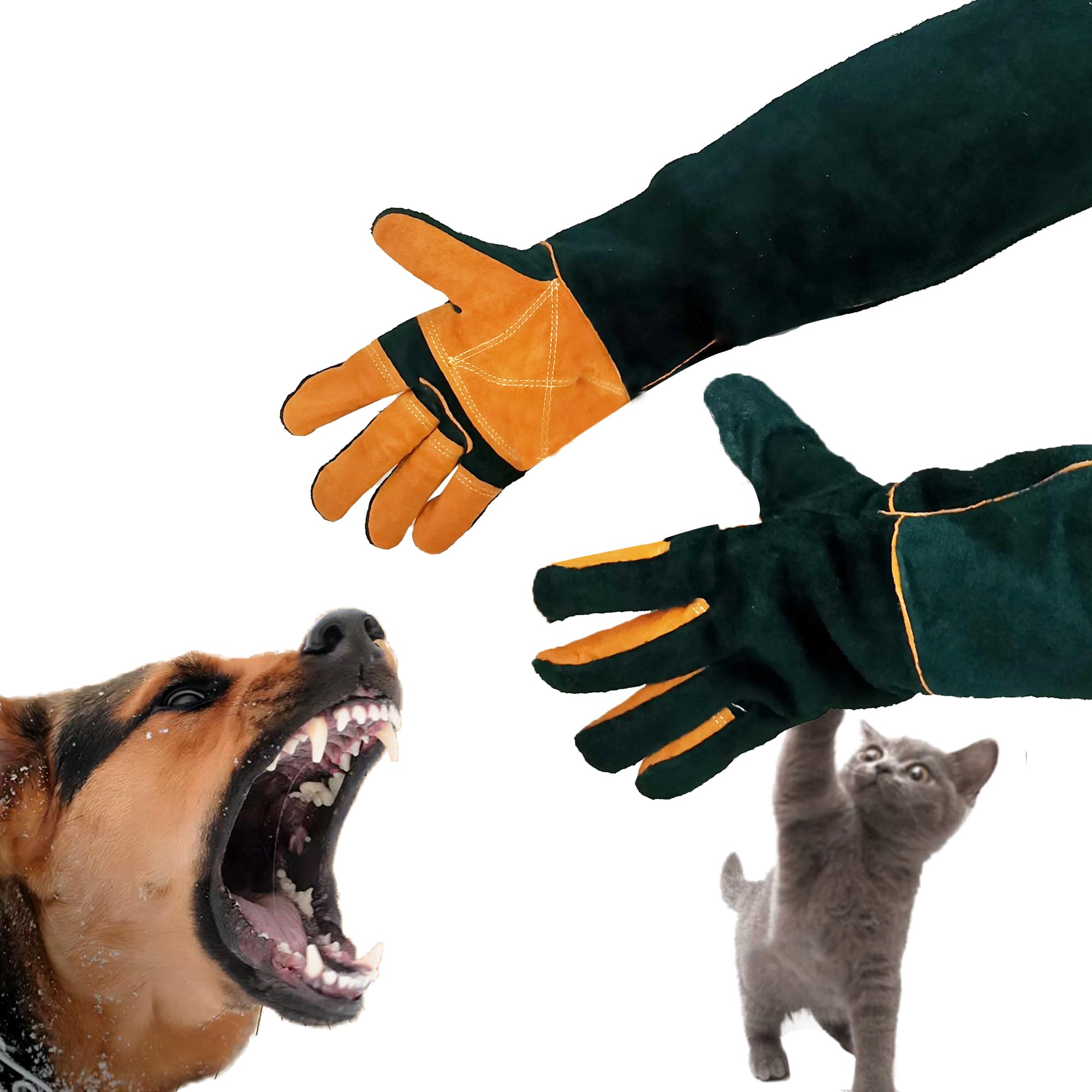 Photo 1 of FelRelWel Animal Handling Gloves,23.6" Long Sleeves Gauntlet,Safety Work Glove, Cowhide Leather Anti Bite Glove Confront Pet Cat Bird Bite,Proof Gloves for Dogs Training, Dark Green,1 Pair