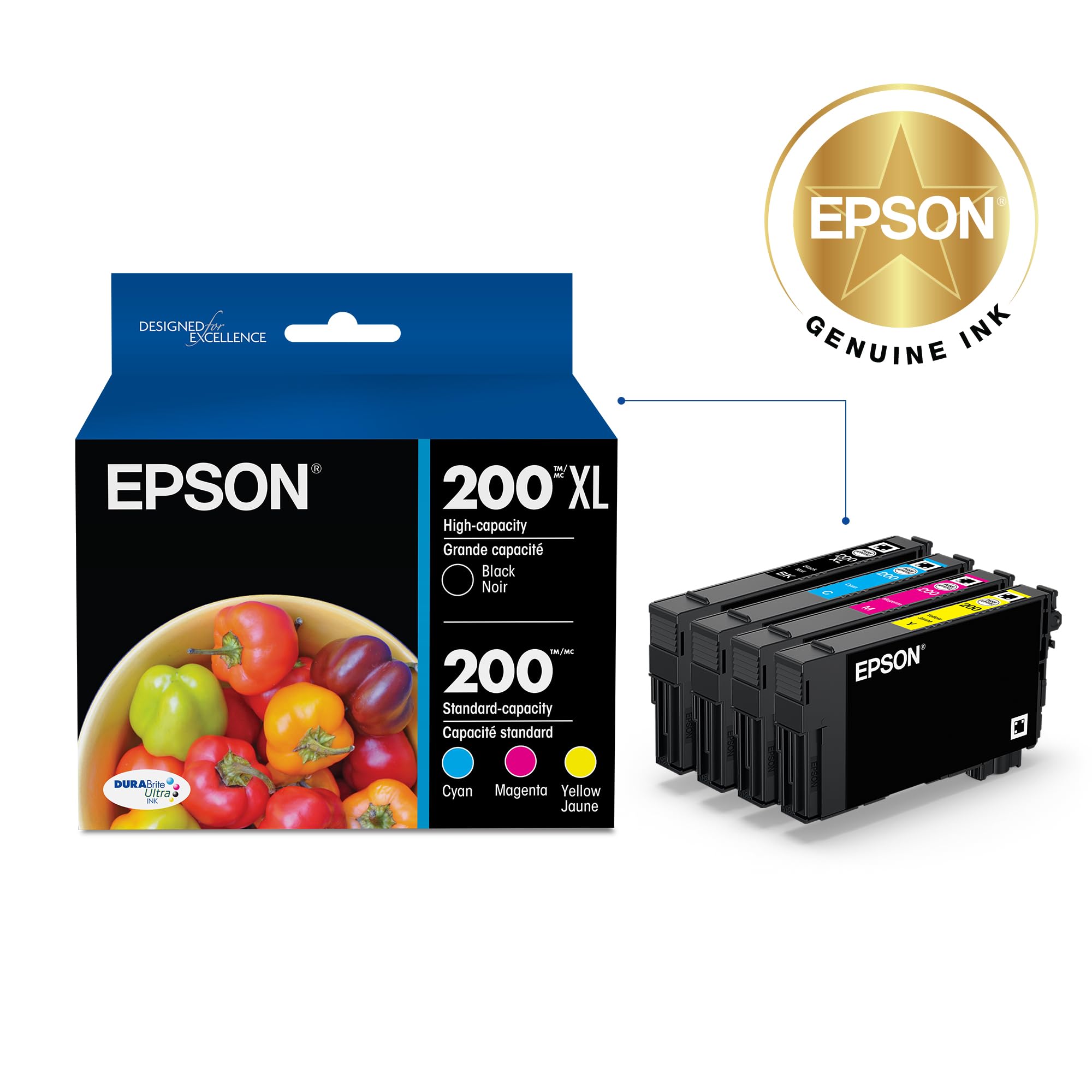 EPSON 200 DURABrite Ultra Ink High Capacity Black & Standard Color Cartridge Combo Pack (T200XL-BCS) Works with WorkForce WF-2520, WF-2530, WF-2540, Expression XP-200, XP-300, XP-310, XP-400, XP-410, Black and color combo pack