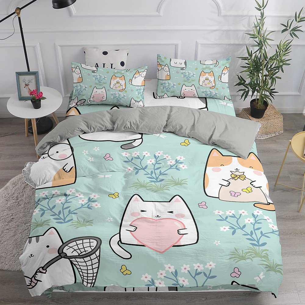 Treer Cat Duvet Cover Set Single Size for Kids Boys, 3 PCS Green & Grey Cute Cartoon Animal Printed Bedding Set Soft Microfiber Easy Care Quilt Cover with 2 Pillow cases -135 x 210 cm — image 1