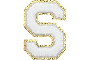 TACVEL 3PCS Chenille Letters Patch, Iron on Large Size Varsity Glitters Letter Patches for Team Costume Decoration, Height 4-1/2In, White Letter S