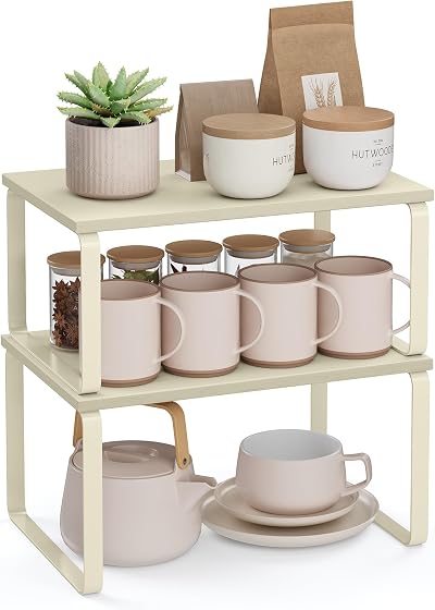 SONGMICS Spice Rack Set of 2 Cupboard Shelf Organisers Cream White KCS002W02