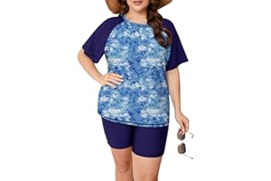 ZOMVA Plus Size Women's 2 Piece Rash Guard Swimsuit Modest Short Sleeves Swim Shirt with Boyshorts UPF 50+