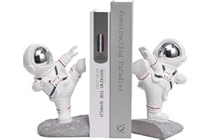 Kakizzy White Book Ends for Kids, Upgraded Astronaut Bookends Resin Spaceman Book Holders for Shelves Sturdy Book Stopper Book Ends to Hold Books Unique Outer Space Book Shelf Ends(F2-Silver Color)
