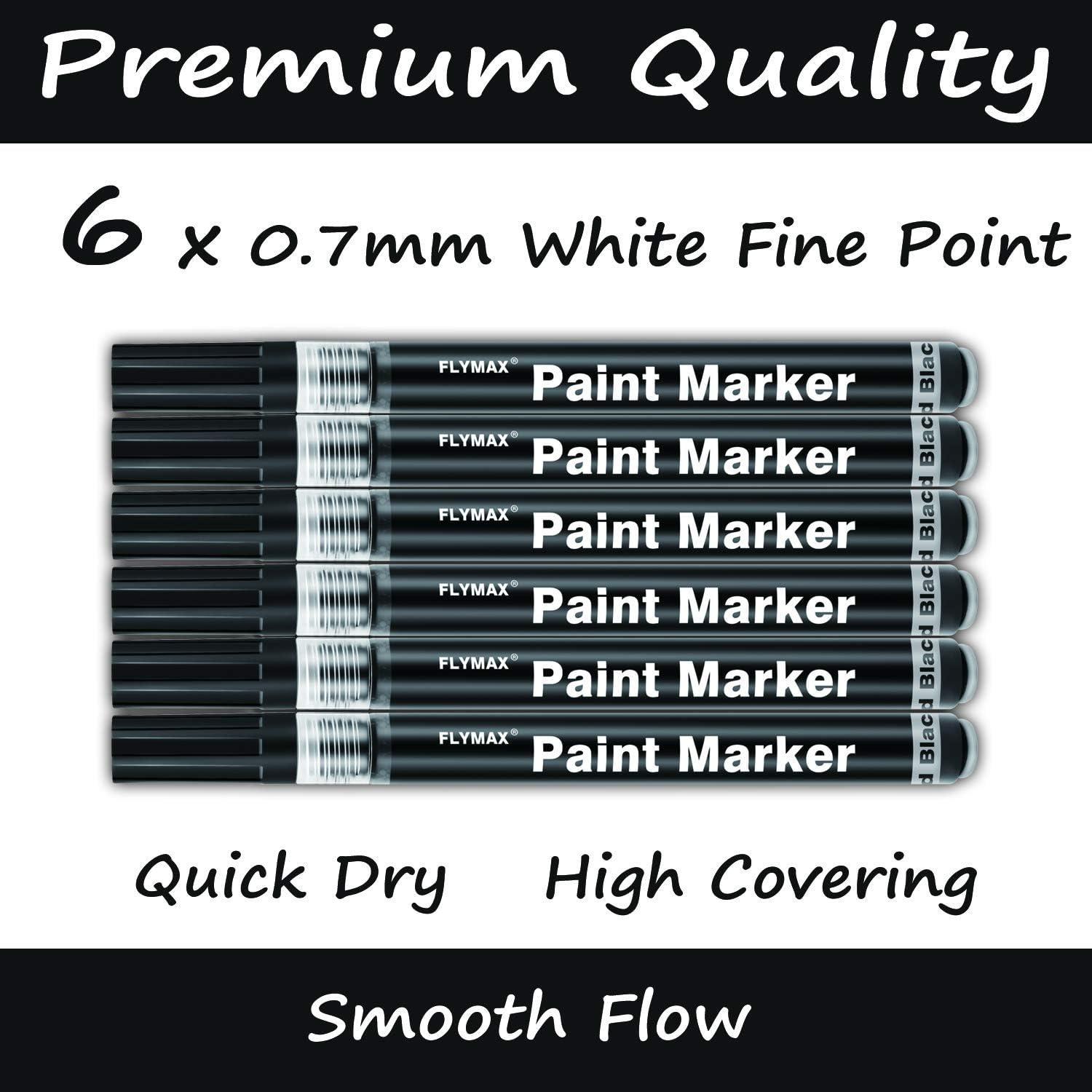 FLYMAX Black Paint Pen for Glass Bottle Rock Leather Plastic Stone Metal Canvas Enamel Plant Art Waterproof Writing Acrylic Permanent Marker Extra Fine tip 6 Pack 0.7mm - Image 3