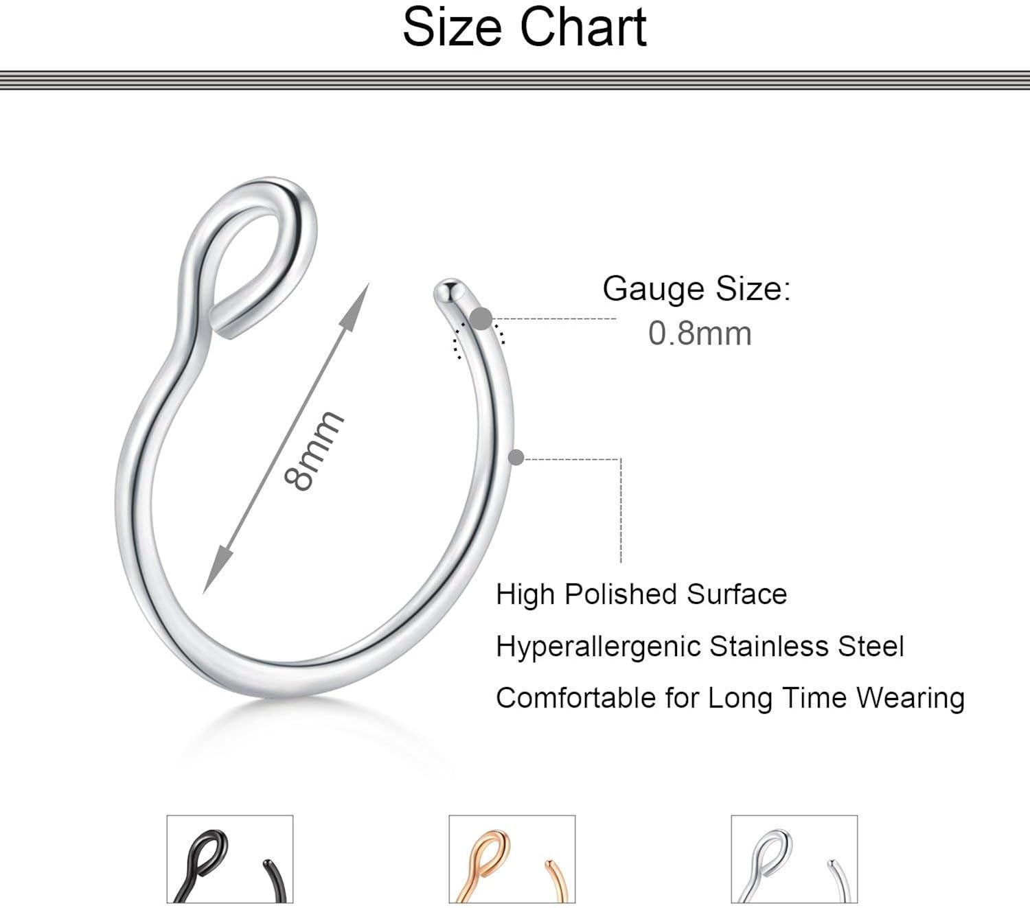 JFORYOU 6 Pieces 316L Steel Nose Ring Nose Hoop Fake Nose Ring Piercing Body Jewelry,Silver Rose Gold Black,20 Gauge 8mm - Image 3