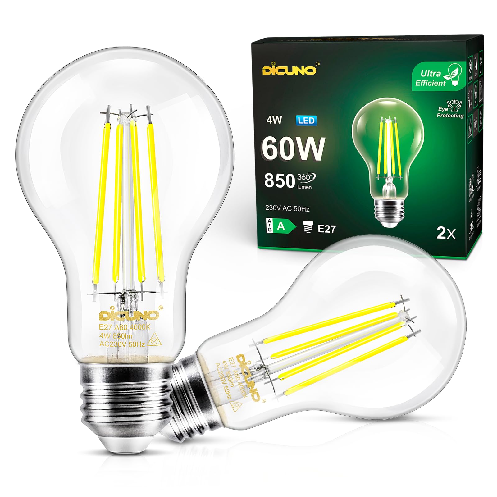 DiCUNO Edison Light E27 Edison Screw Bulb 4W (60W Equivalent), Clear Filament Bulb A60, Energy Efficient A Class LED, 4000K, 850LM, Non-dimmable, 2 Pcs