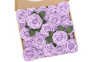 N&T NIETING Purple Artificial Flowers, 25pcs Artificial Flowers Bulk Fake Flowers Roses with Stem for DIY Wedding Bridal Bouquet Mother's Day Baby Shower Home Decoration, Lavender