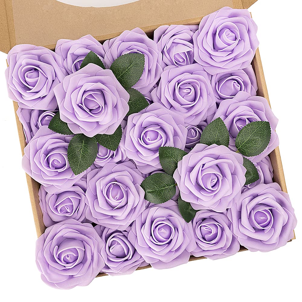 N&T NIETING Purple Artificial Flowers, 25pcs Artificial Flowers Bulk Fake Flowers Roses with Stem for DIY Wedding Bridal Bouquet Mother's Day Baby Shower Home Decoration, Lavender