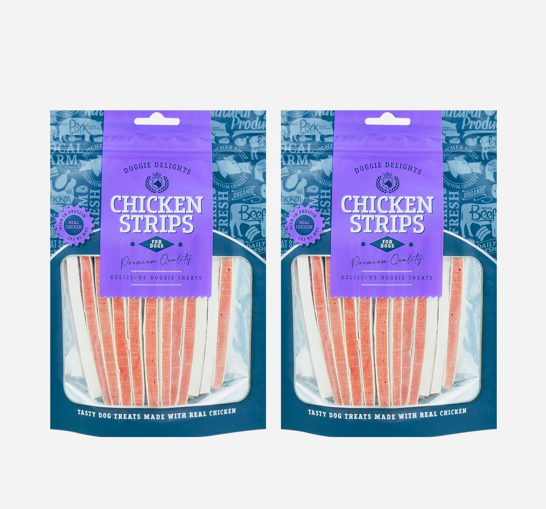 2x Doggie Delights Dog Treats For Dogs Premiam Quality Delicious Doggie Healthy Treats High In Protein Low in Fat Real (2x Chicken Strips - Each 190g)