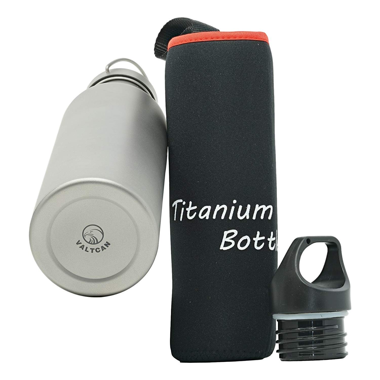 Valtcan Titanium Bottle Canteen Water Sports Drink Holder Canister 750ml 24oz with Ti Cap and BPA free Cap Handle and Carrying Stuff Sack