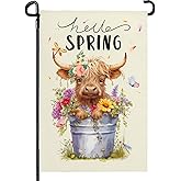 Dacawin Hello Spring Garden Flag Highland Cow Polyester Yard Flag Double Sided Vertical 12x18 Inch Farmhouse Butterfly Floral Garden Flags Rustic Daisy House Banner for Seasonal Outdoor Decoration