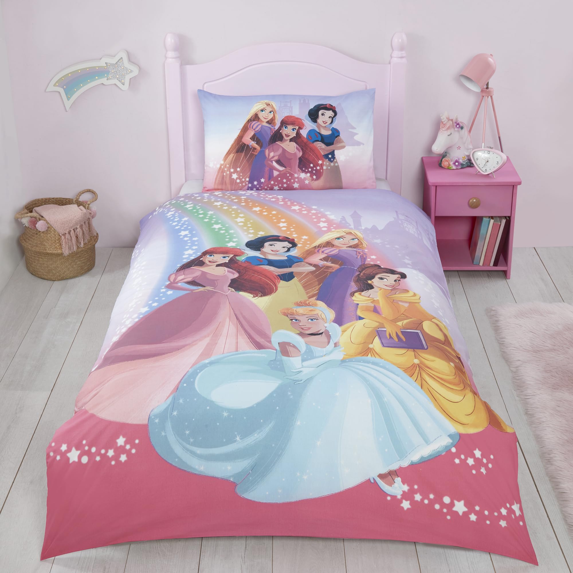 Coco Moon Disney Princess Rainbow Single Duvet Cover Set | Disney Bedding Single Bedding Set, Pillowcase & Duvet Set, Duvet Cover Sets For Girls & Boys