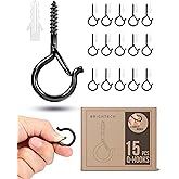 Brightech String Light Screw Hooks - Ceiling Hooks for Hanging Solar, Plug-in Lights, Outdoor String Lights - Q Hooks with Safety Buckle Design for Porch, Patio - 15 Pack, Black, AMB-HKS-15