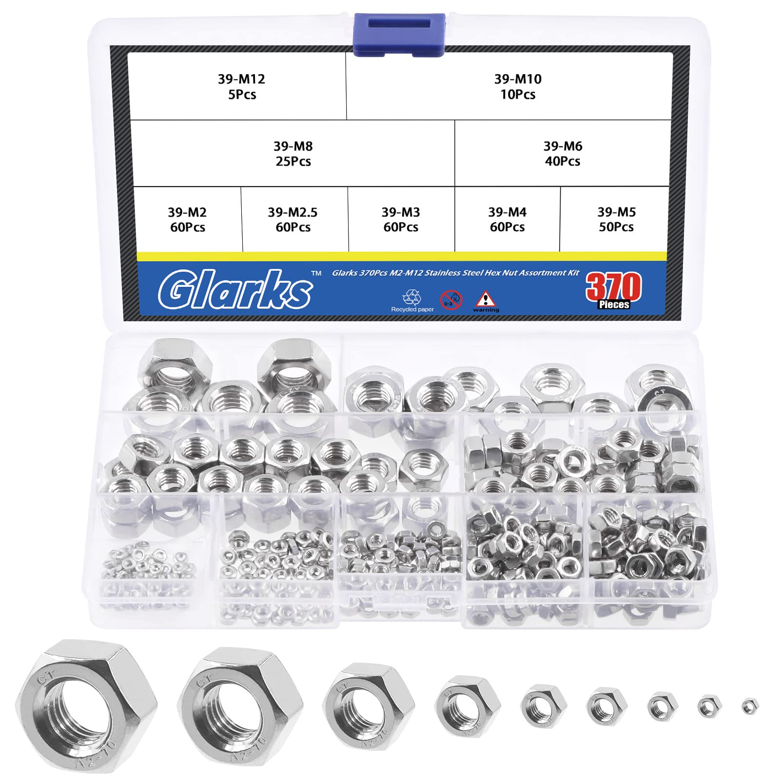 Glarks 370Pcs 304 Stainless Steel Hex Nuts Assortment Kit, 9 Size M2 M2.5 M3 M4 M5 M6 M8 M10 M12 Standard Metric Nuts for Screw Bolts