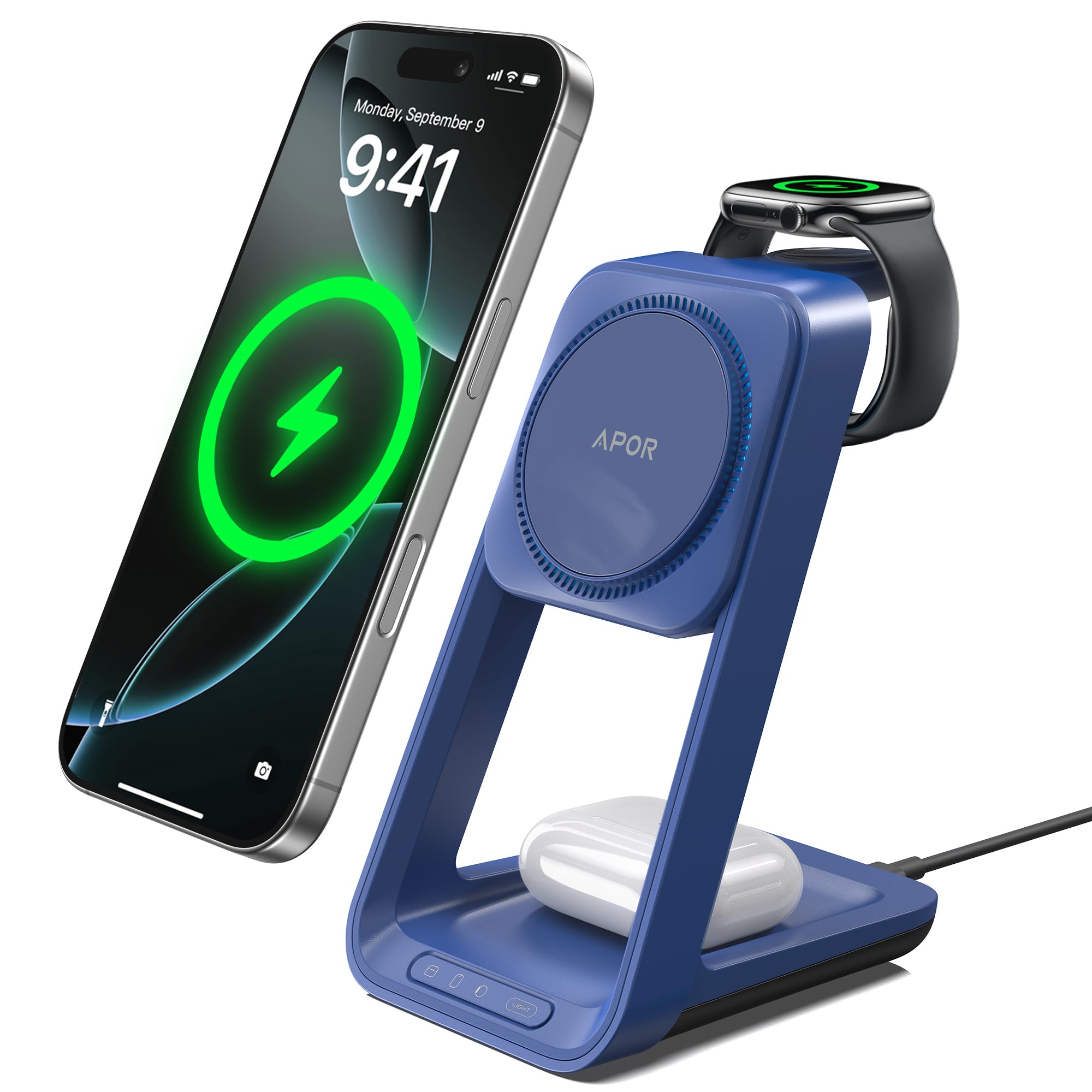 Photo 1 of 3 in 1 Charging Station with Cooling Fan, Wireless Charging Station for Multiple Devices, Magsafe Wireless Charger Stand for iPhone 16 15 14 13 12, AirPods 4 3 Pro 2 Dark Blue