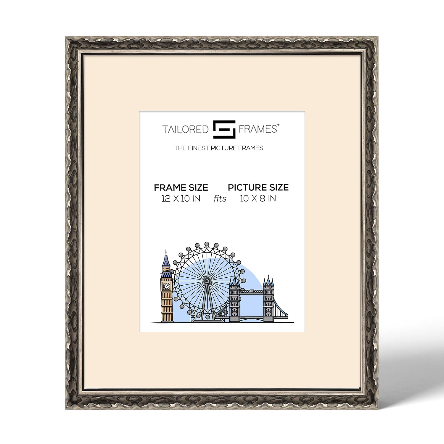 Tailored Frames Vienna Silver 12" X 10" Frame for 10" X 8" Picture | Rustic Style Vintage Single Picture Frame | Table Top & Wall Hanging Type | Photo Frame with Antique Mount