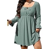 AlvaQ Plus Size Dresses for Women Square Neck Long Sleeve Dress Embroidery Eyelet A Line Sundress with Pockets L-4X