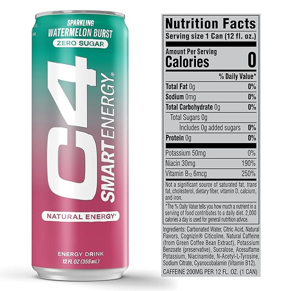 CELLUCOR C4 SMART ENERGY DRINK ‚ BOOST FOCUS AND ENERGY WITH ZERO SUGAR, NATURAL ENERGY, AND NOOTROPICS – 200MG CAFFEINE – WATERMELON BURST (12OZ PACK OF 12)