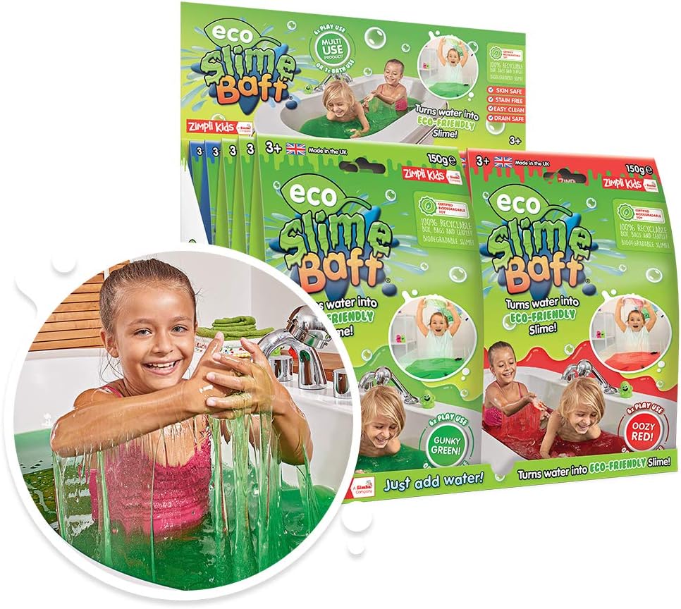 ZIMPLI, 10 x Eco Slime Baff, 6 x Green, 2 x Red & 2 x Blue, Magically turns water into gooey, colourful slime