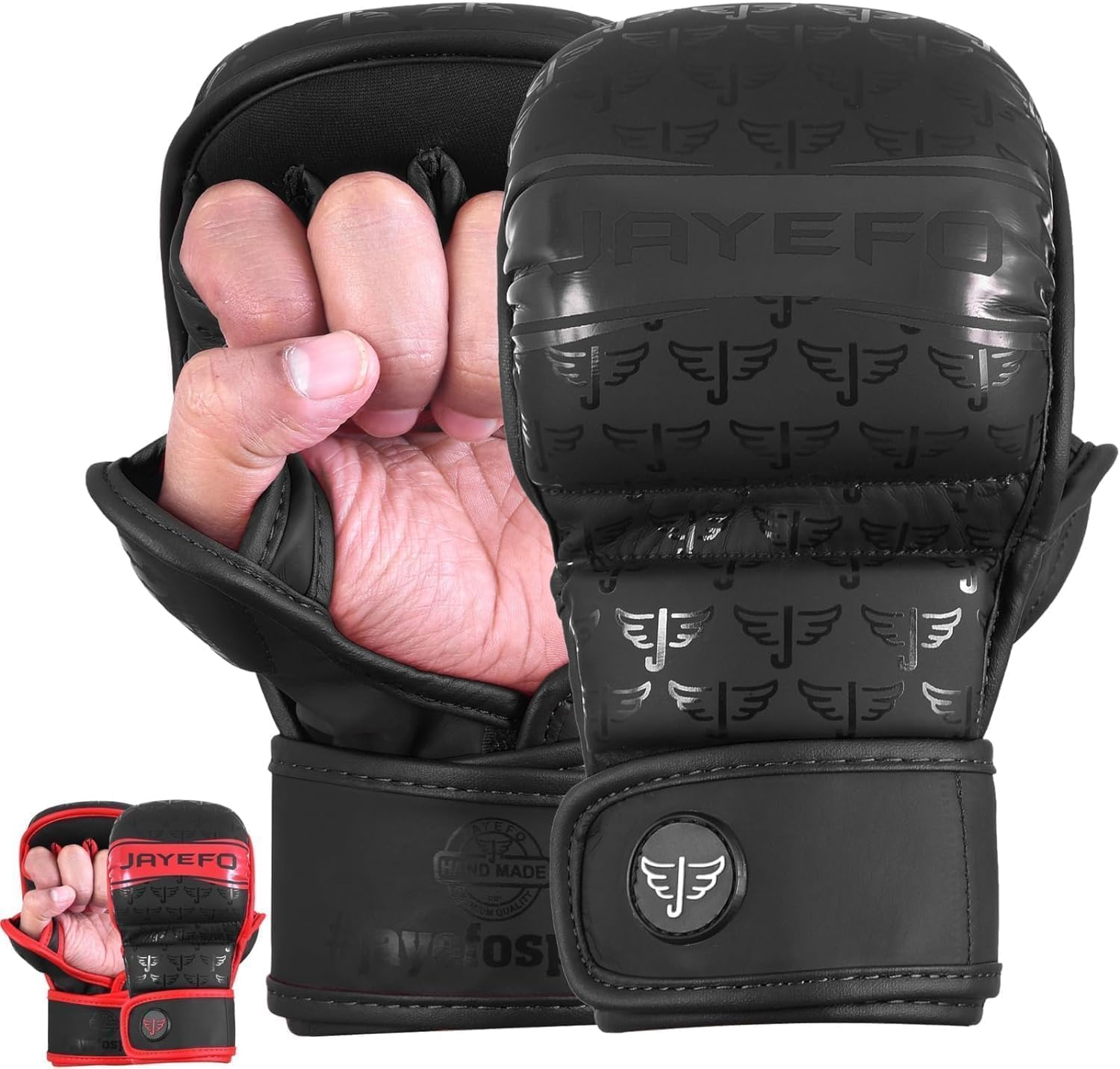 Jayefo MMA Gloves | Open Palm Sparring & Grappling Mitts | Martial Arts for Men & Women | Wrist Support | Combat Sports: MMA, Boxing, Muay Thai, Kickboxing (Black, SM)
