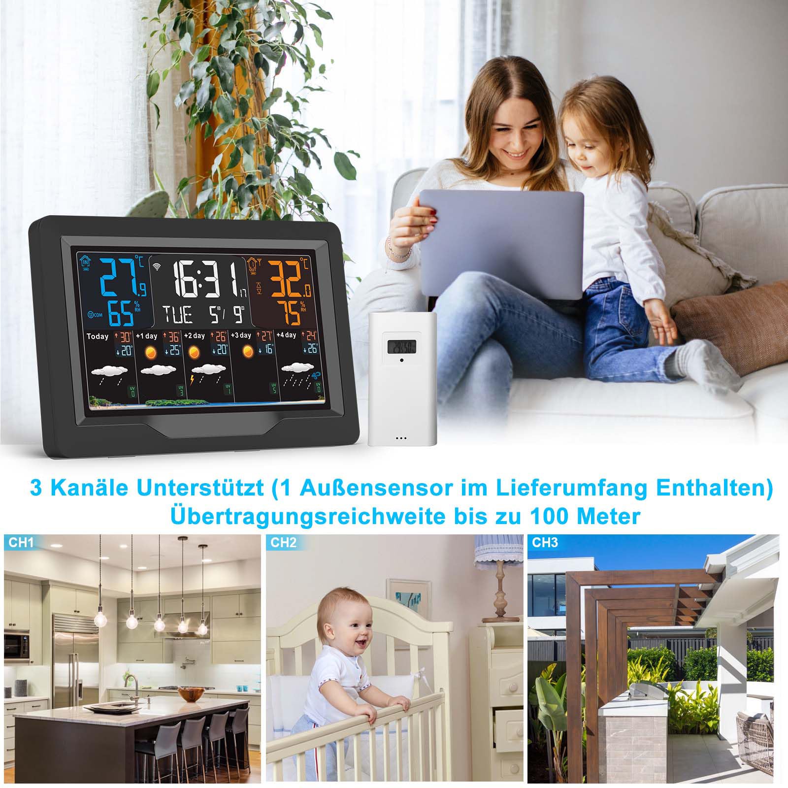 jely Wlan Wetterstation Funk mit Außensensor, Wifi Funkwetterstation mit APP, Farbdisplay Thermometer Hygrometer Innen Außen mit 5-Tage Wettervorhersage,Temperatur,Luftfeuchtigkeit,UV-Index,Uhrzeit 5