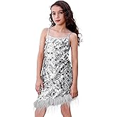 LOLANTA Girls Sequin Dress Kids Sparkly Gown for Christmas Wedding with Spaghetti Strap Detachable Asymmetrical Feather Hem