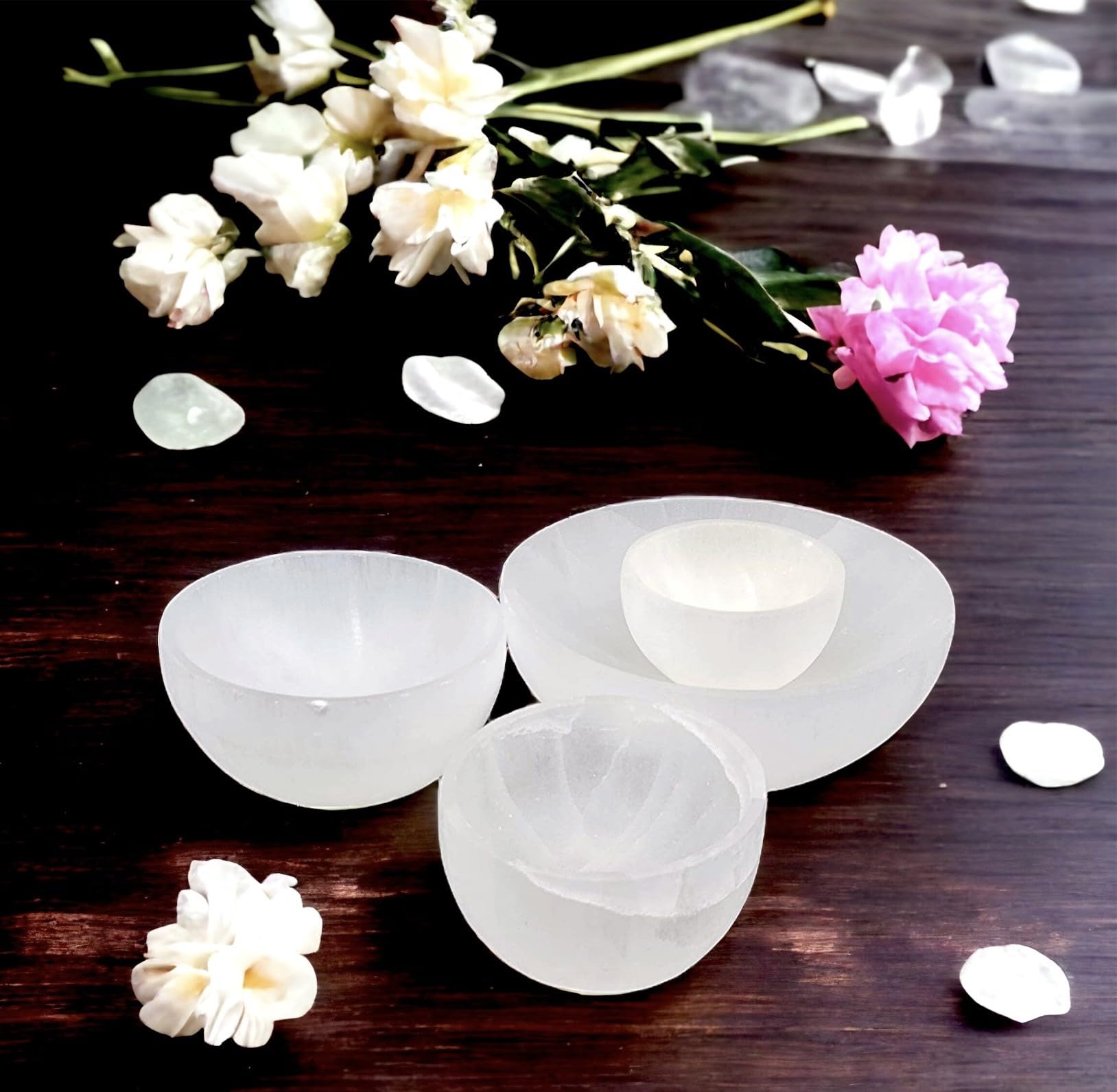 4All Selenite Crystals Round Cleansing Bowl Selenite Stone Super Natural Spirit Healing Plate White Natural Meditation Tool Handmade Tumbles Jewelry Storage for Decoration Gift (6cm)