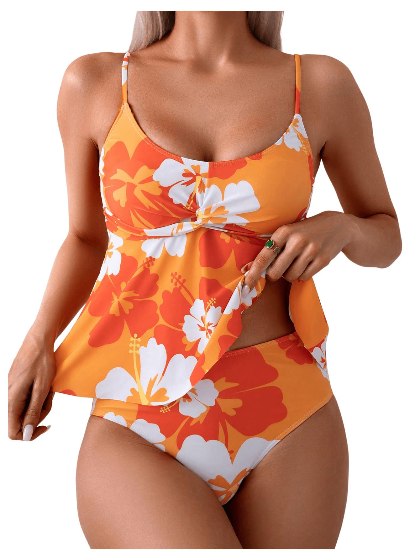 Photo 1 of SweatyRocks Women's Floral Print Twist High Waisted Tankini Swimsuit 2 Piece Bathing Suit Multicolor X-Large