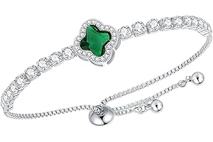 POWER WING Tennis Bracelets for Women Four Leaf Clover Lucky Bracelet 6-9 Inchs Adjustable Slider Bracelets White Gold Plated Birthstone Bracelets Christmas Gifts for Women