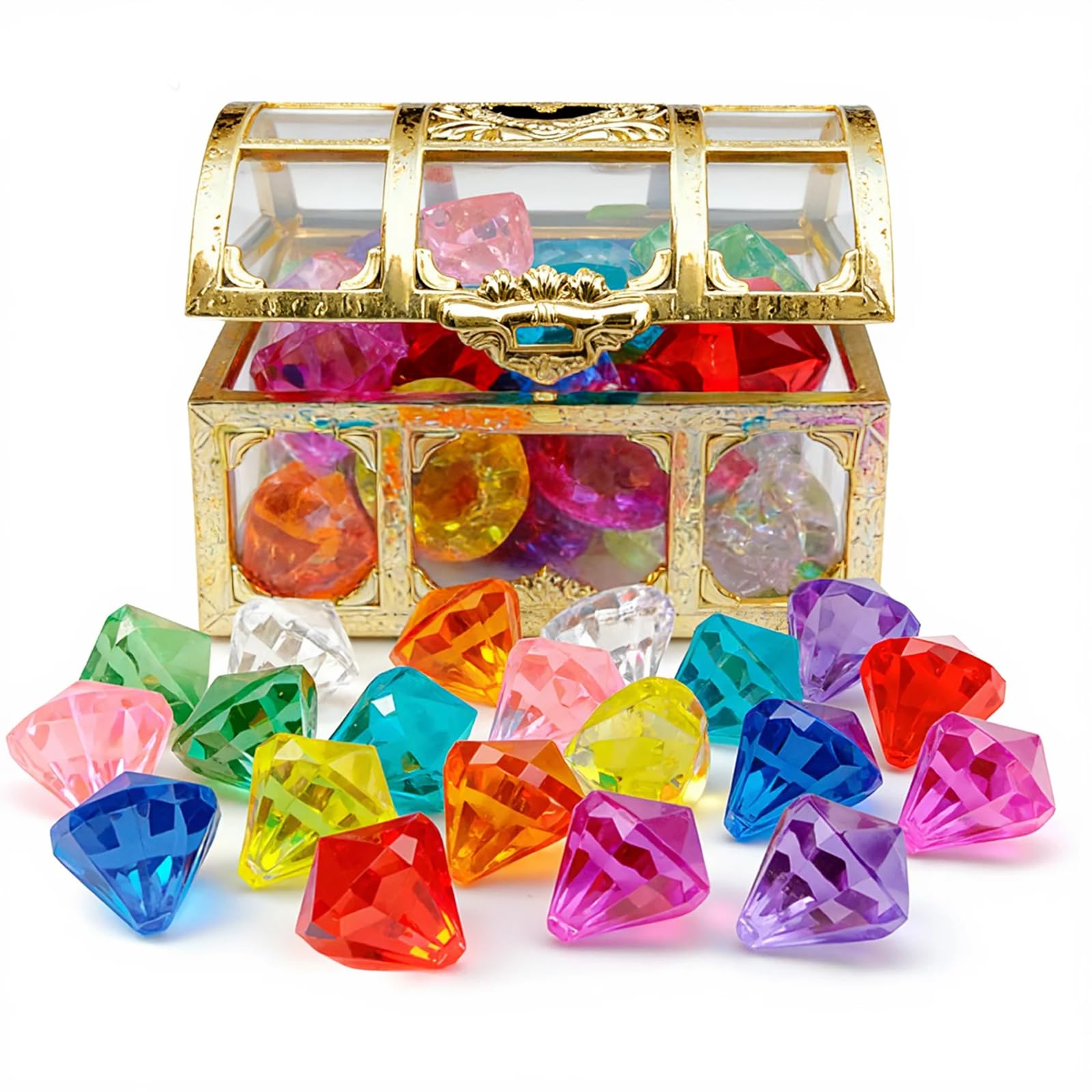 30Pcs Diving Gem Pool Toy, Colorful Diamond with Pirate Treasure Chest Box, Swimming Pool Toys for Crafts Party Summer Swimming Treasure Hunt Toy Birthday Swimming Pool Party Christmas Easter Prizes