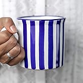 City to Cottage Handmade Dark Navy Blue Stripe Ceramic Extra Large 17.5oz/500ml | Hot Chocolate, Coffee, Tea Mug, Cup with Handle Unique Designer Pottery for Tea Lovers