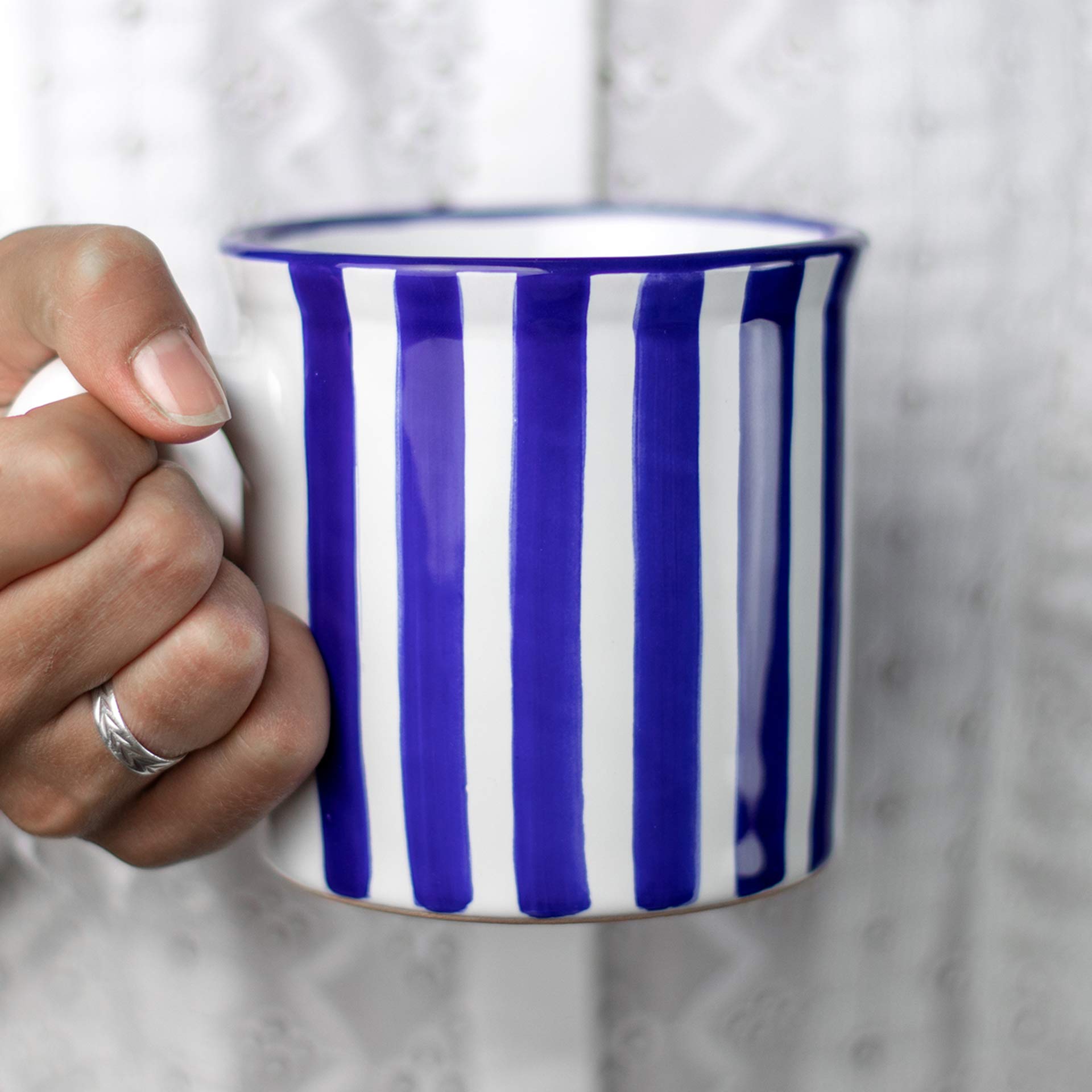 City to Cottage® Navy Blue Striped | Designer Handmade Hand Painted | Unique Ceramic Extra Large 17.5oz/500ml | Hot Chocolate Coffee Tea Mugs Cups with Handle | Gift
