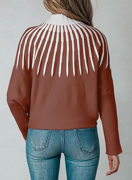 DOKOTOO WOMEN’S 2023 FALL LONG SLEEVE MOCK NECK STRIPED COLOR BLOCK COMFY LOOSE OVERSIZED KNITTED PULLOVER SWEATER ORANGE MEDIUM