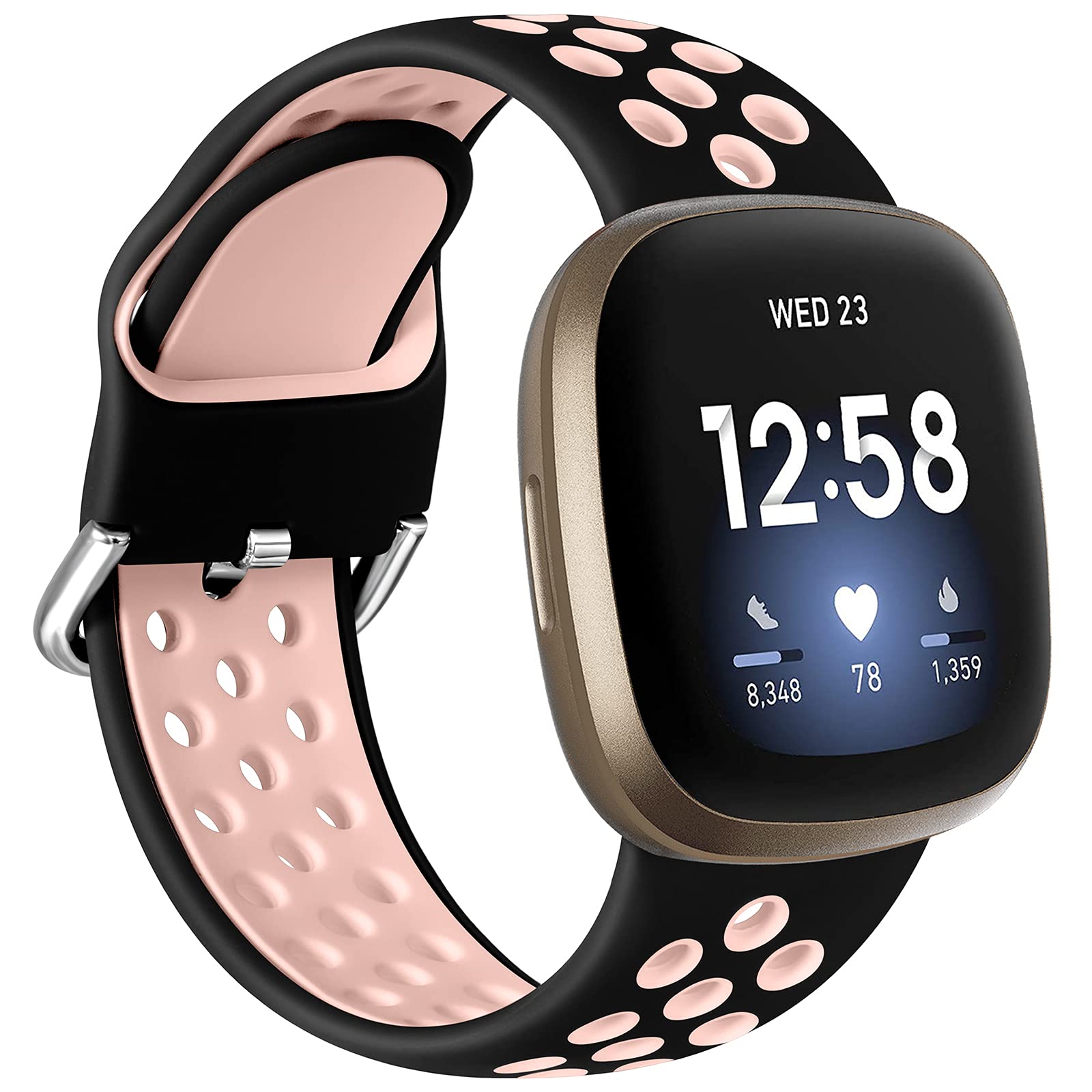 Dirrelo Strap Compatible with Fitbit Versa 3 / Versa 4 / Sense 2 / Sense Strap for Women Men, Sport Breathable Soft Silicone Wristband Replacement, S Black/Pink