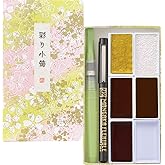 Kuretake Irodori Kobako Sakura Watercolor Paint Set with Brush Pens, Japan | 5 granulating &amp; metallic colors, brush pen &amp; water brush pen, Professional Use, Artist Grade
