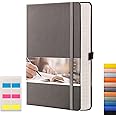 EMSHOI A5 Lined Journal Notebook - 120gsm Thick PU Leather Hardcover with Sticky Notes, 256 Numbered College Ruled Notebook for Work, School & Writing, 5.75" x 8.38" Dark Grey