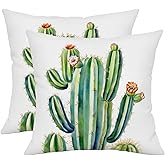 Doobicy Summer Cactus Pillow Covers 18x18 Inch Set of 2, Linen Throw Pillowcases Watercolor Succulent Floral Double-Sided Printed Boho Decor Cushion Covers for Couch, Sofa, Living Room