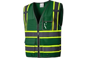 SKSAFETY 10 Pockets Safety Vest, Class 2 High Visibility Security with Zipper, Hi Vis Vest with Reflective Strips, ANSI/ISEA Standard, Construction Work Vest for Men ＆ Women （Green,M）