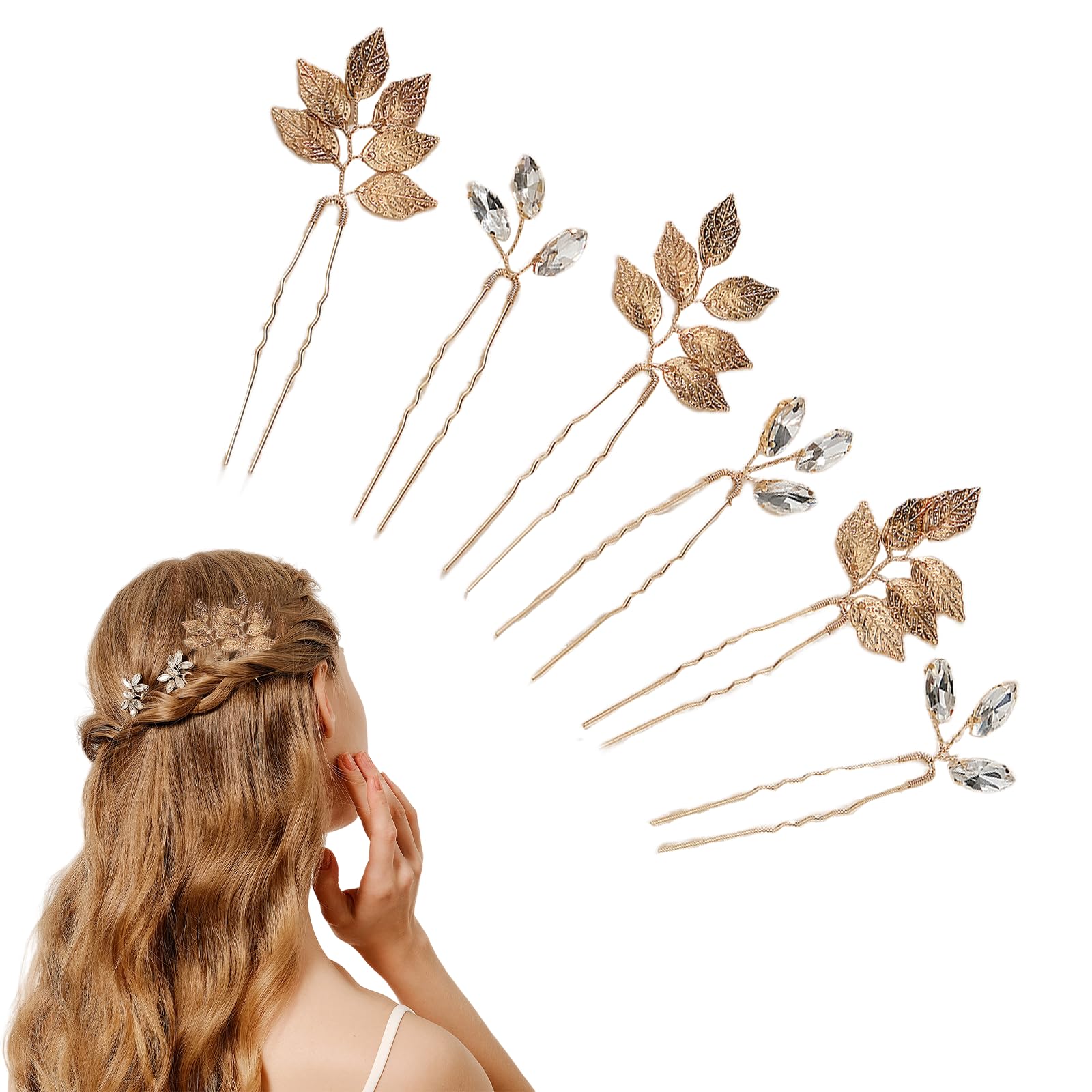 Acpetdr Bridal Rhinestone Hair Pins 6PCS Leaf and Crystal Shaped Hair Pins Hair Clip for Brides, Weddings, and Special Occasions Hair Accessories for Women and Girls