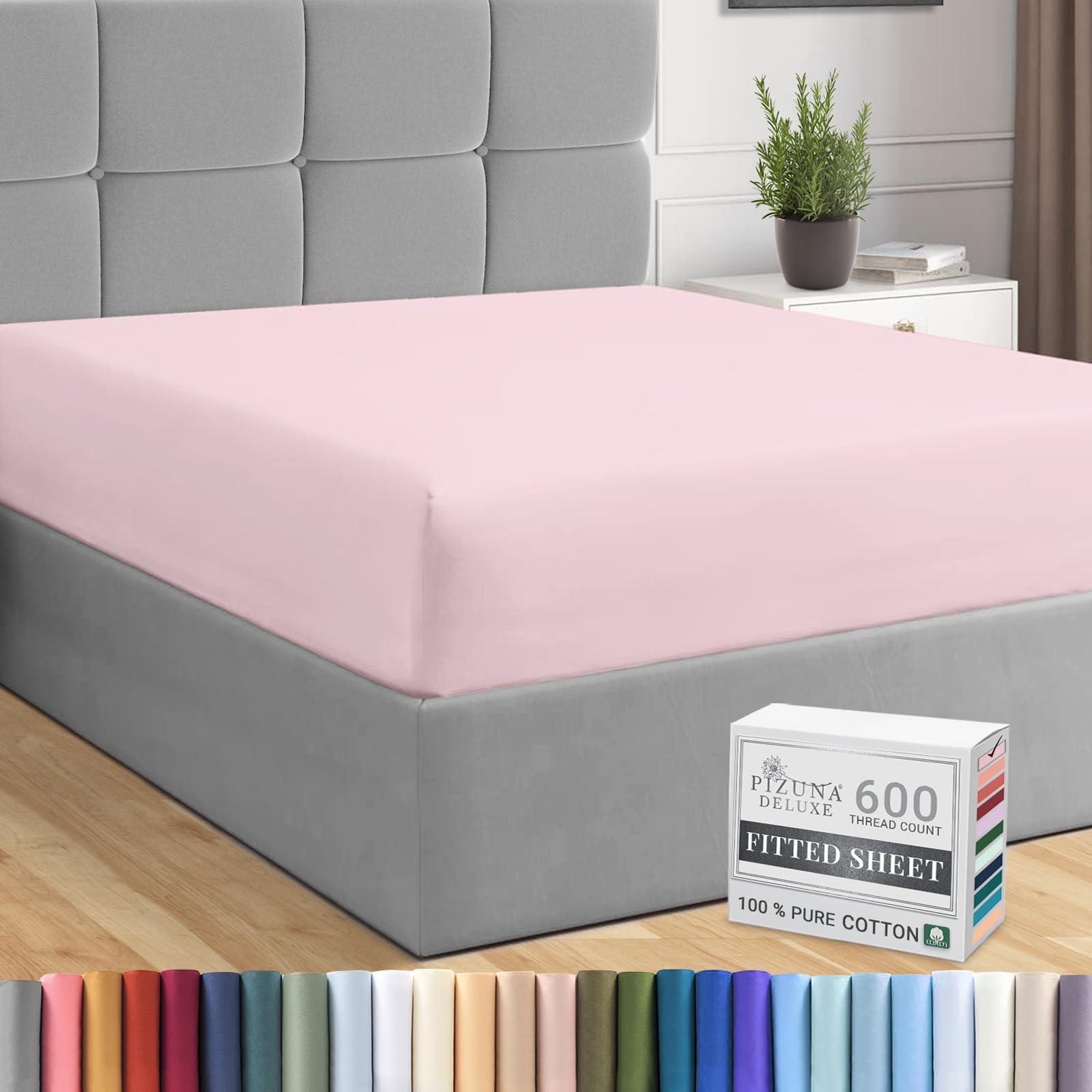 Pizuna Pure Combed Cotton Fitted Sheets Light Pink, 600 Thread Count 100% Long Staple Cotton Emperor Fitted Sheets 200x200cm, Sateen Weave Emperor Fitted Sheet Extra Deep 40 cm 1 PC