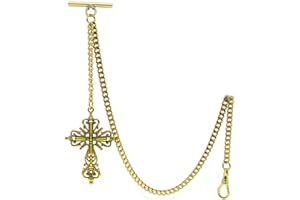 WATCHVSHOP Albert Chain Gold Color Pocket Watch Chains for Men T Bar with Swivel Clasp and Big Size Religious Cross Fob AC81