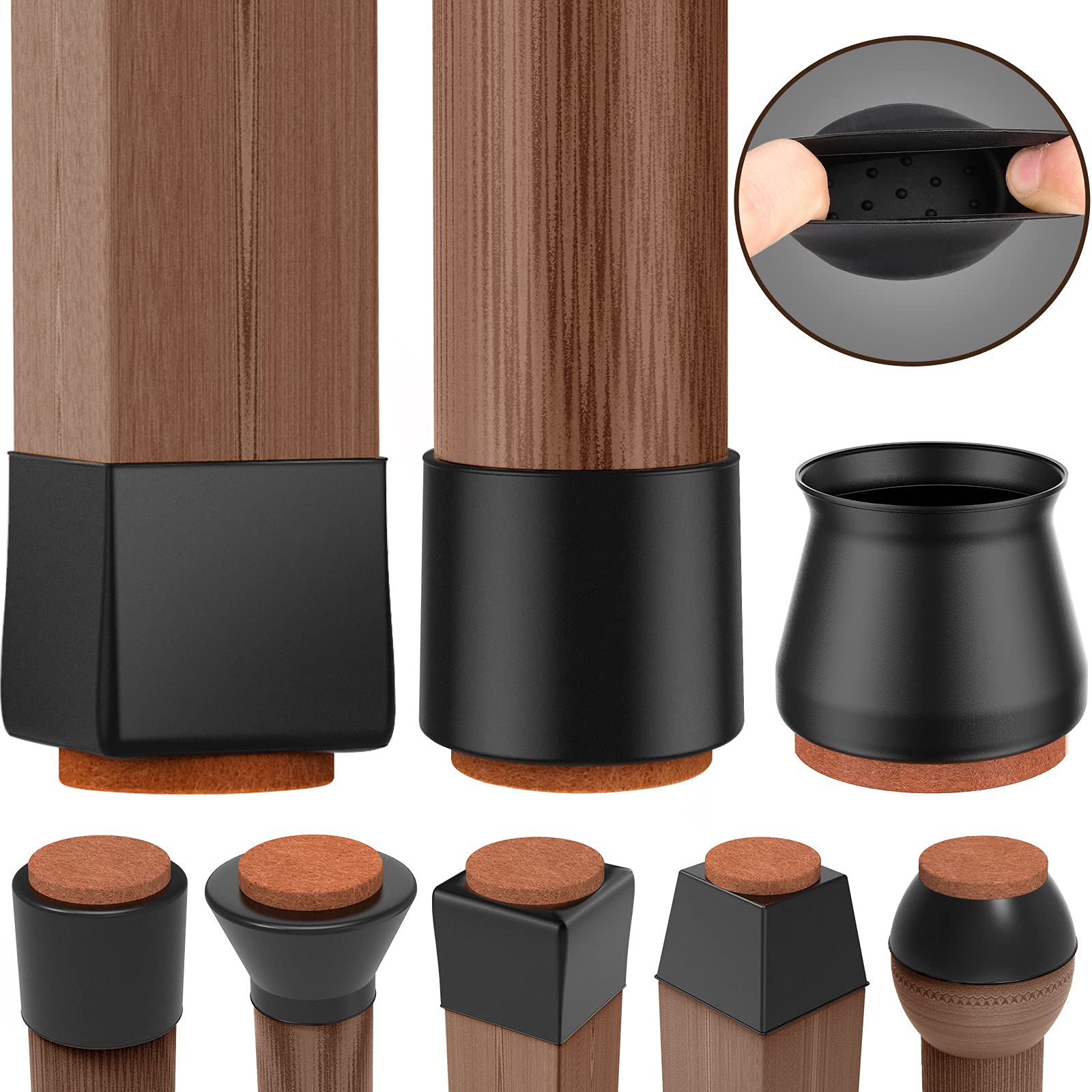 Chair Leg Caps 2021 Updated Chair Leg Cover Protectors for Hardwood Floors Square Round Rectangular All Shapes Silicone Rubber Feet for Furniture Table Chair, Stronger Felt & Silicone, 16Pack, Black