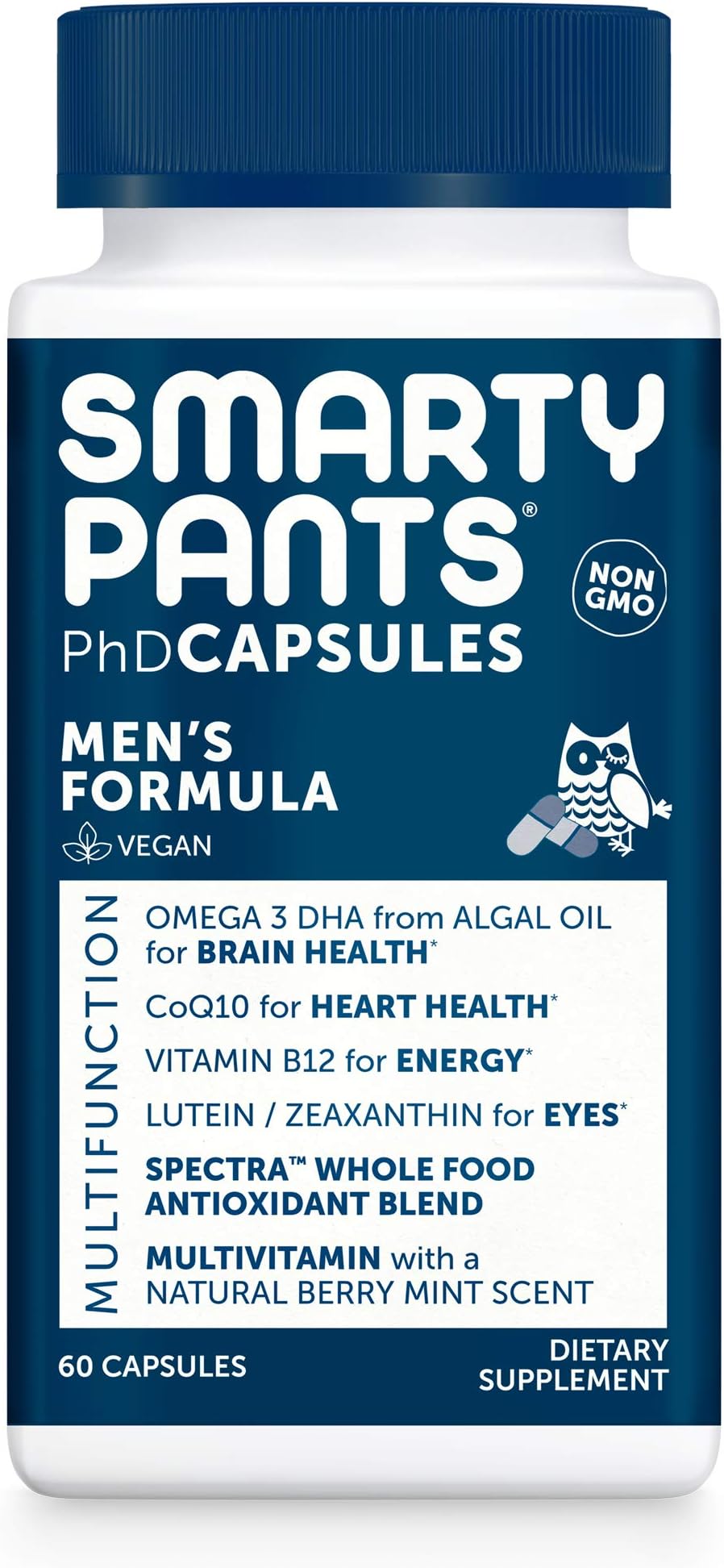 SmartyPants Daily Multivitamin for Men: Vitamin D, C, D3, E, B12 for Energy, Zinc for Immunity, COQ10, Omega 3 DHA, Iodine, Lutein, Folate, Vegan, 60 Capsules (30 Day Supply)