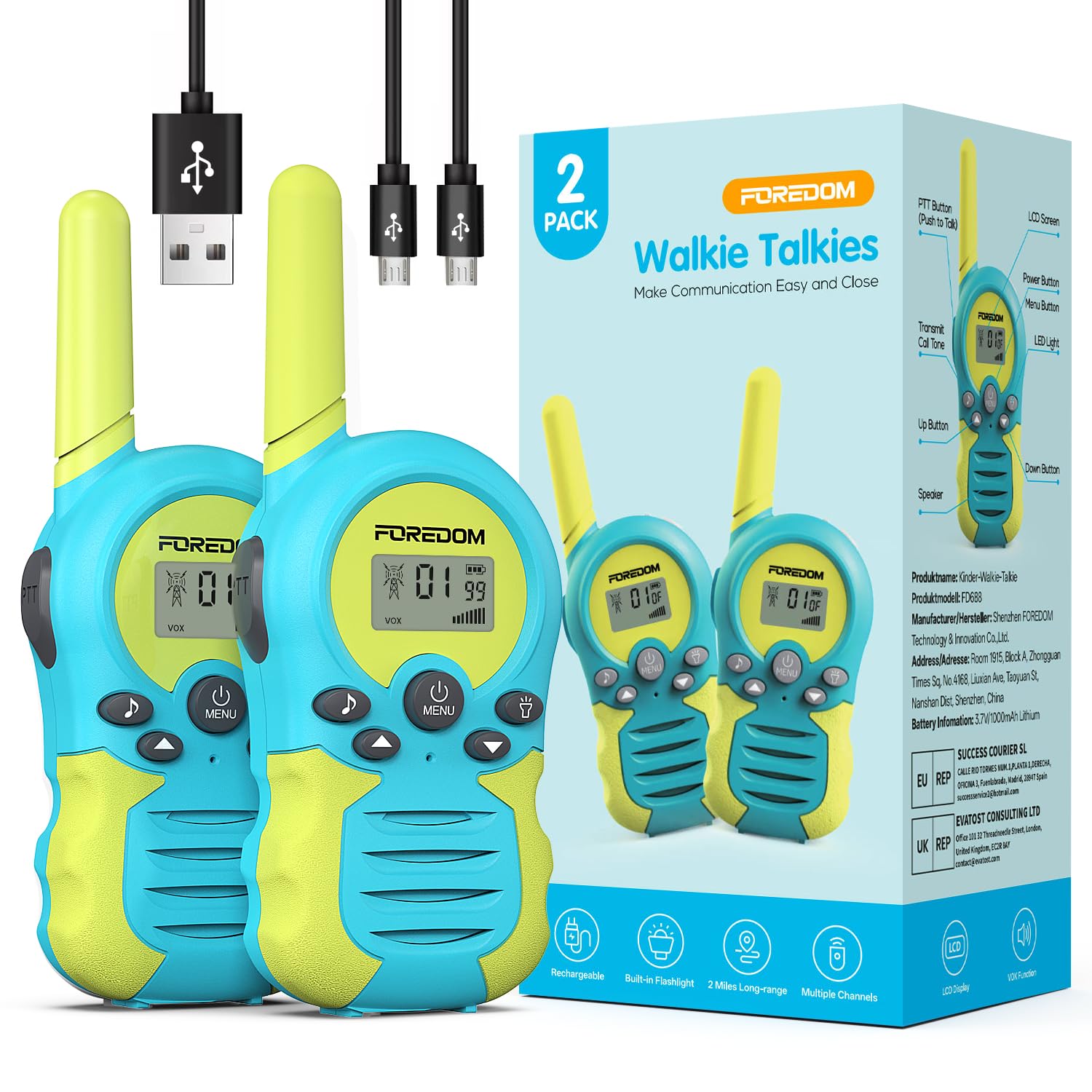 FOREDOM Rechargeable Walkie Talkies for Kids Walkie Talkies Long Range for Boy & Girl Age 3 Years and Above Birthday Toys - 2 Pack