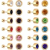 JUSTJANDM 12 Pairs Stainless Steel Flat Back Stud Earrings Surgical Steel Screw Back Round Star Heart Flower Birthstone Cubic Zirconia Stud Earrings Set