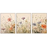 Minimalist Flower Floral Wall Art Spring Wildflower Landscape Wall Art Modern Colorful Flower Poster Watercolor Floral Picture Set of 3 Decor for Bedroom Living Room Dorm Farmhouse 12x16Inch Unframed