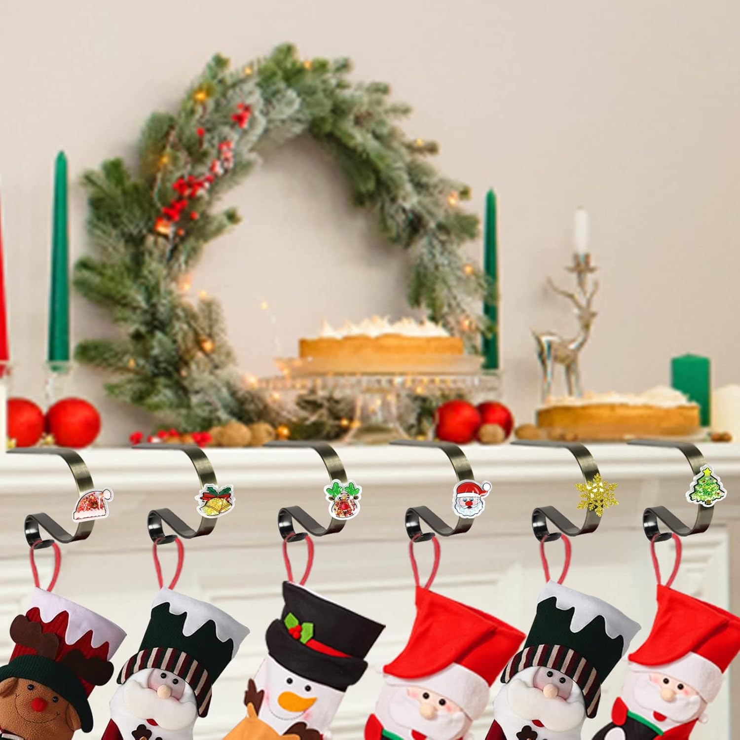 Ornament Hooks - Halovin Christmas Stockings Holders for Mantle Set of 6, No-Slip Christmas Stocking Clips Stocking Hanger Hooks for Fireplace, Adjustable Mantel Stocking Hooks for Xmas Decorations(Bronze)