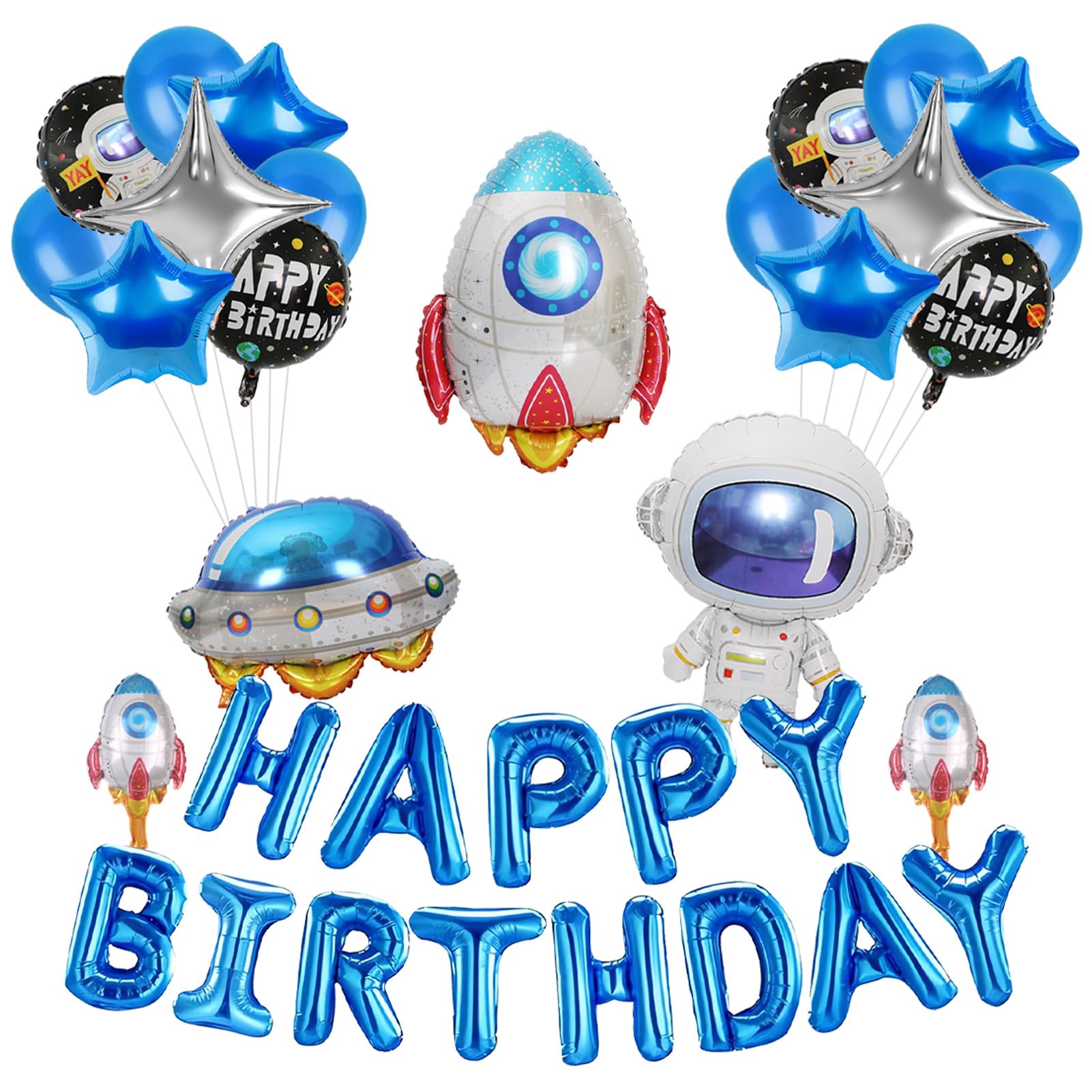 Photo 1 of Ushinemi Space Birthday Decorations UFO Astronaut Rocket Balloons, Aluminium Foil Happy Birthday Banner Outer Space Themed Party Supplies for Boys Kids