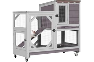 GUTINNEEN Rabbit Hutch Indoor Rabbit Cage with Wheels Outdoor Bunny House 2 Story Guinea Pig Cage with Leakproof Tarp Roof (Grey)